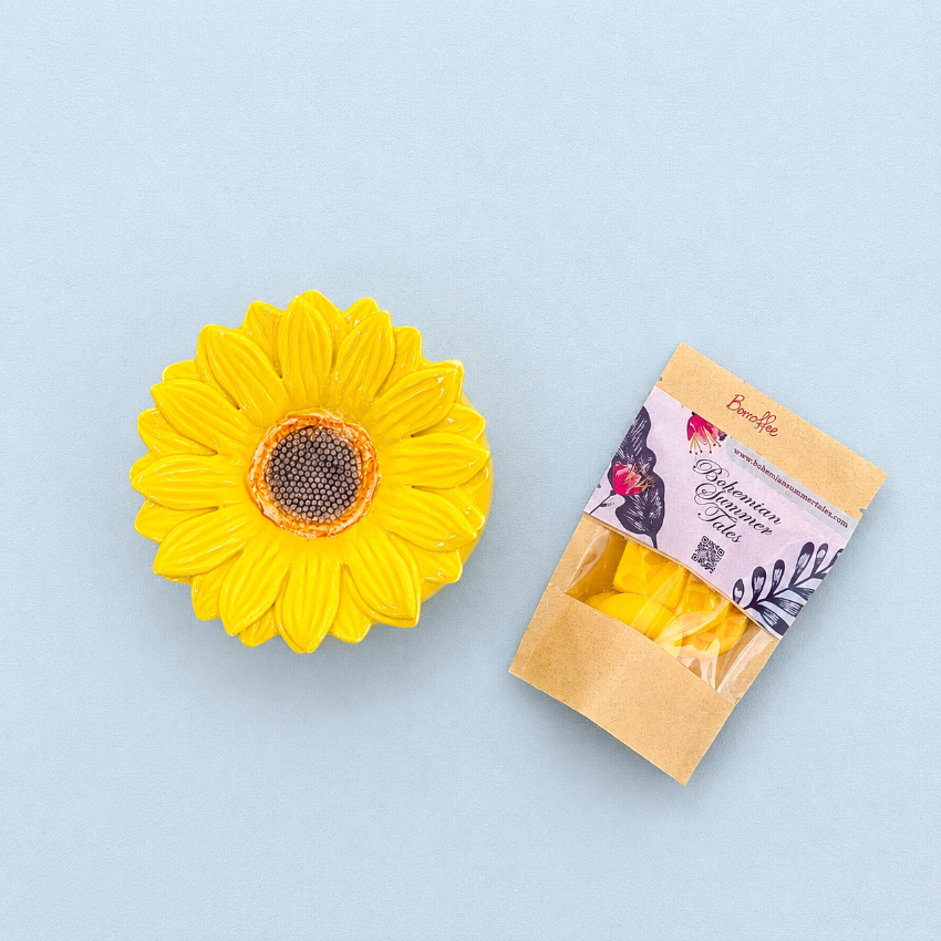 Ceramic Sunflower Burner With Soy Wax Melts Gift Set, Handmade Wax Tart Melter, Aromatherapy Gift For Yoga Studio