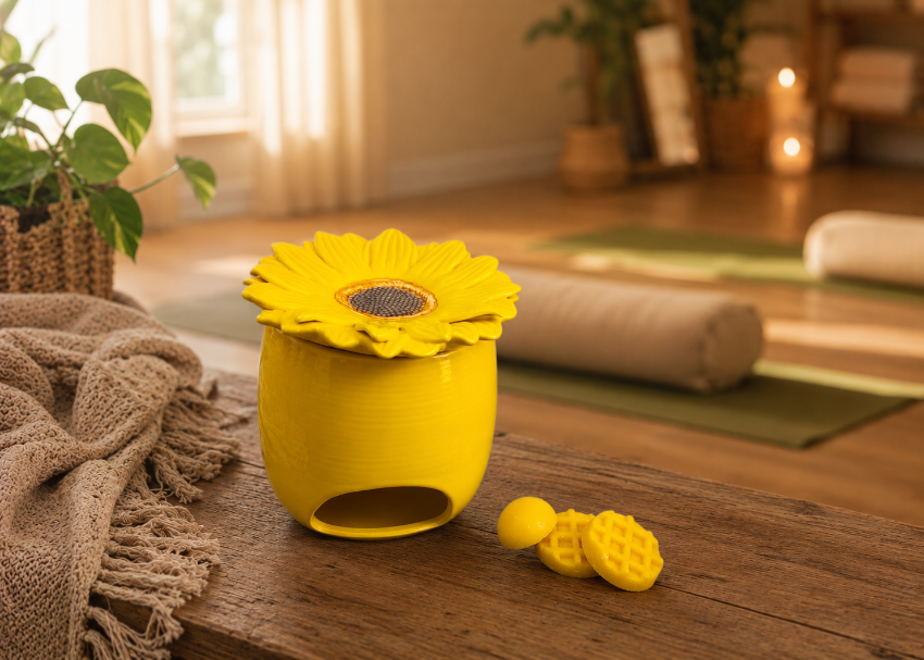 Ceramic Sunflower Burner With Soy Wax Melts Gift Set, Handmade Wax Tart Melter, Aromatherapy Gift For Yoga Studio