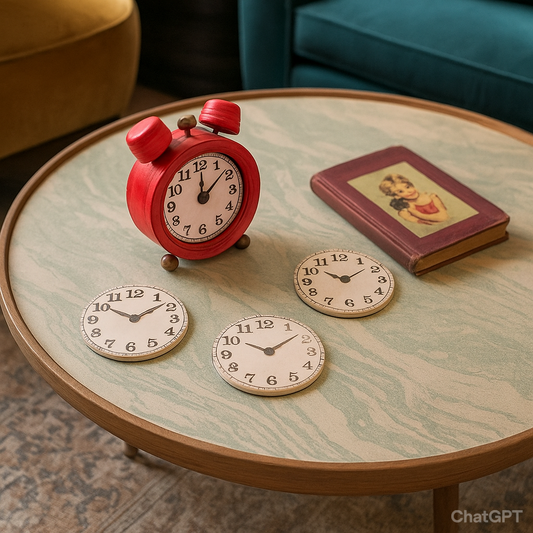 Round Ceramic Coasters Set of 4, Retro Wooden Desk Clock with Clock Face-Shaped Coasters, Funny Gift For Clock Collector