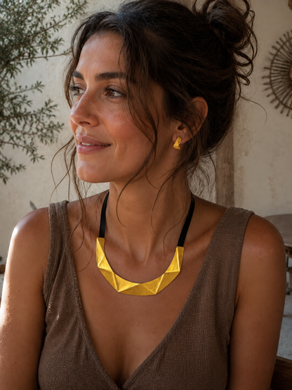 Geometric Gold Plated Brass Statement Necklace, Handmade Rubber Collar Necklace, Architectural Jewelry