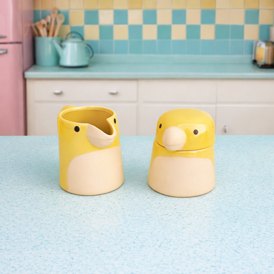 Bird Ceramic Creamer Set, Handmade Ceramic Milk Jug And Sugar Bowl, Silly Bird Breakfast Set