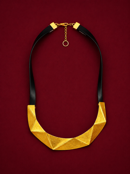 Geometric Gold Plated Brass Statement Necklace, Handmade Rubber Collar Necklace, Architectural Jewelry