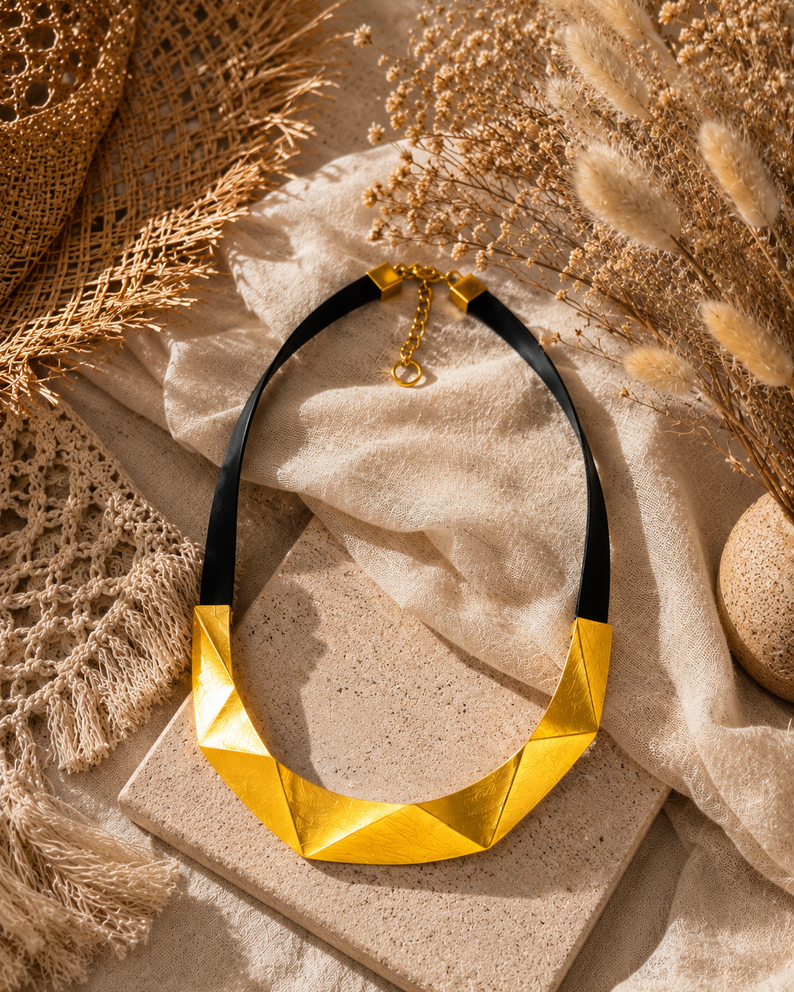Geometric Gold Plated Brass Statement Necklace, Handmade Rubber Collar Necklace, Architectural Jewelry