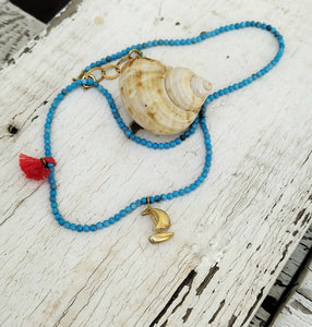 Beaded Gemstone Sailboat Necklace, Cute 18k Gold Plated Silver Boat Charm In Tiny Beads Necklace