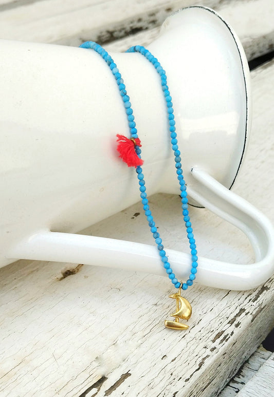 Beaded Gemstone Sailboat Necklace, Cute 18k Gold Plated Silver Boat Charm In Tiny Beads Necklace