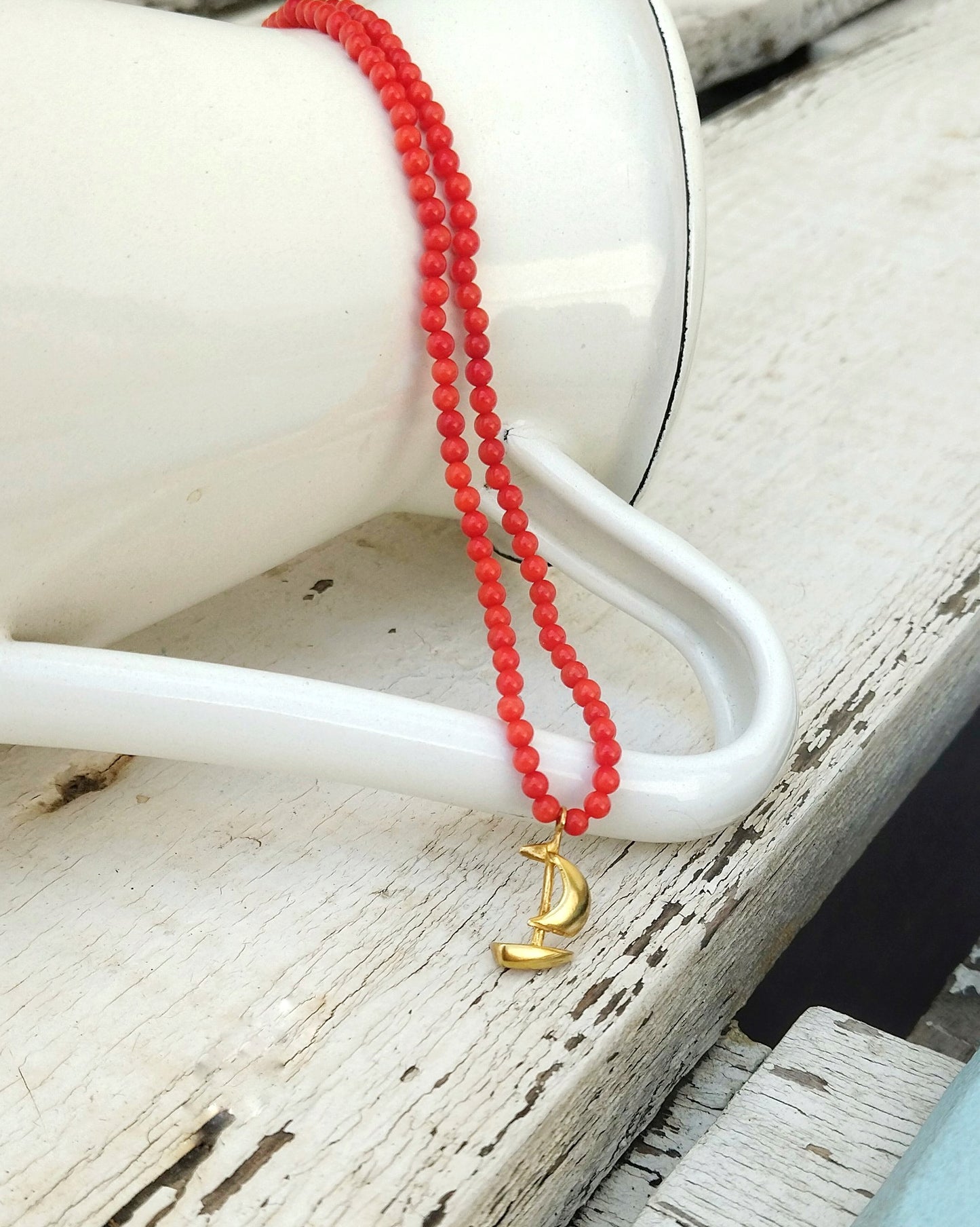 Beaded Gemstone Sailboat Necklace, Cute 18k Gold Plated Silver Boat Charm In Tiny Beads Necklace