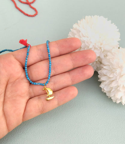 Beaded Gemstone Sailboat Necklace, Cute 18k Gold Plated Silver Boat Charm In Tiny Beads Necklace