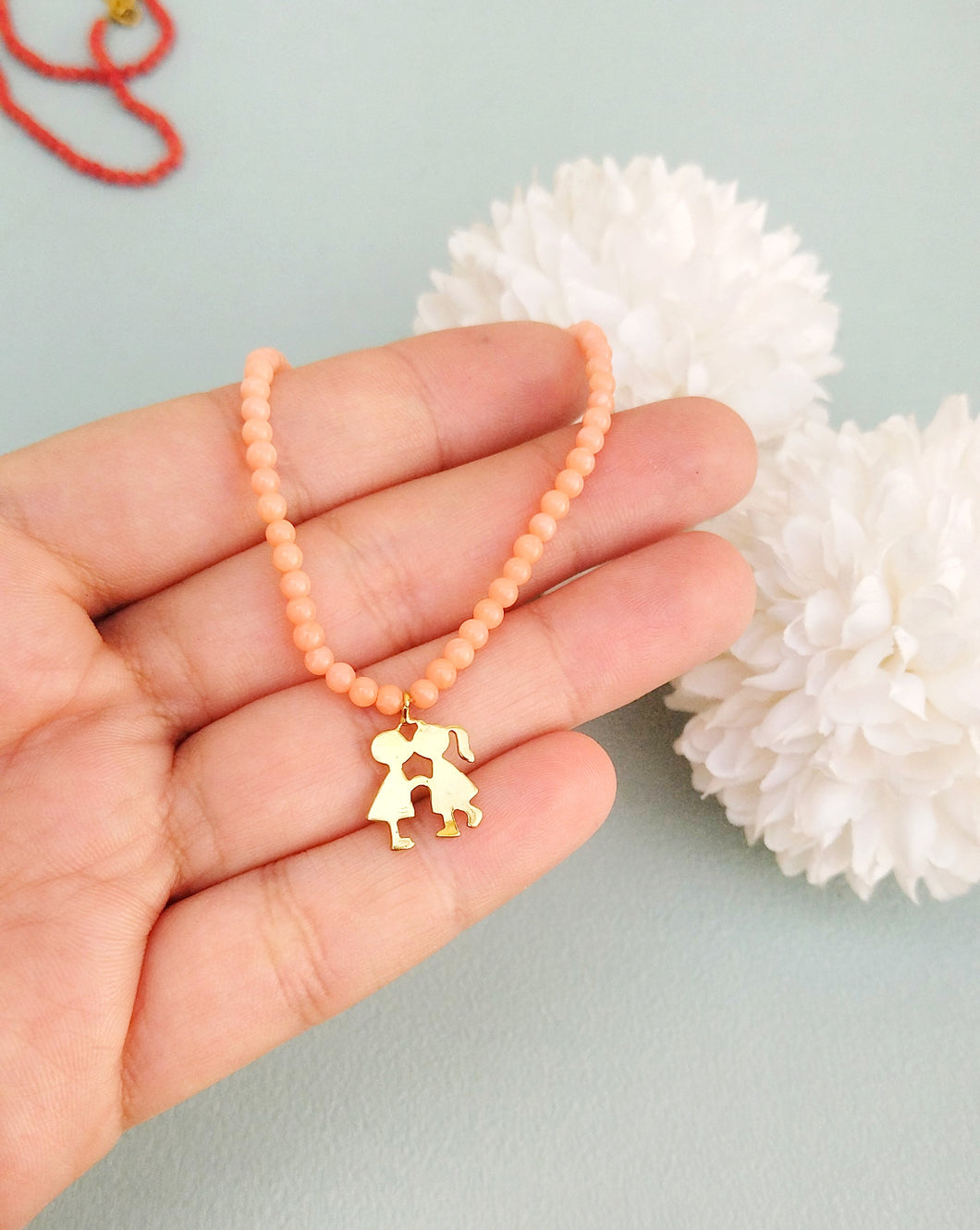 Beaded Gemstone Lovers Necklace, Cute 18k Gold Plated Silver Boy And Girl Charm In Tiny Beads Necklace