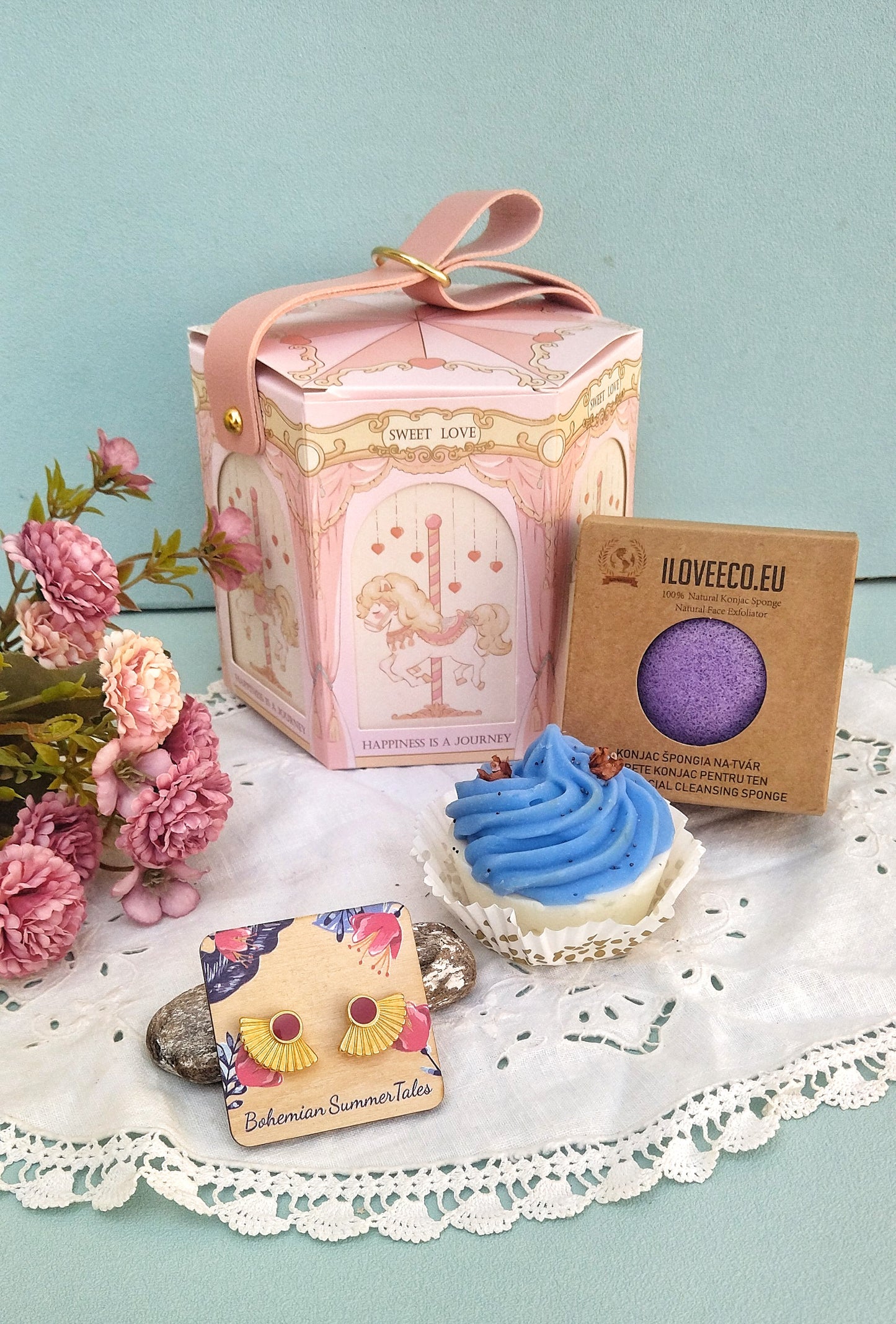 Care Package For Her, Carousel Gift Box With Vegan Handmade Cupcake Soap/Biodegradable Lavender Sponge And Enamel Stud Earrings