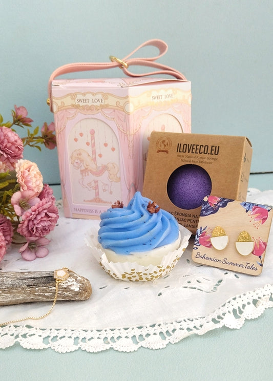 Long Distance Spa And Wellness Gift For Friend, Carousel Gift Box With Vegan Cupcake Soap/ Biodegradable Sponge/ Enamel Stud Earrings And Opal Bracelet