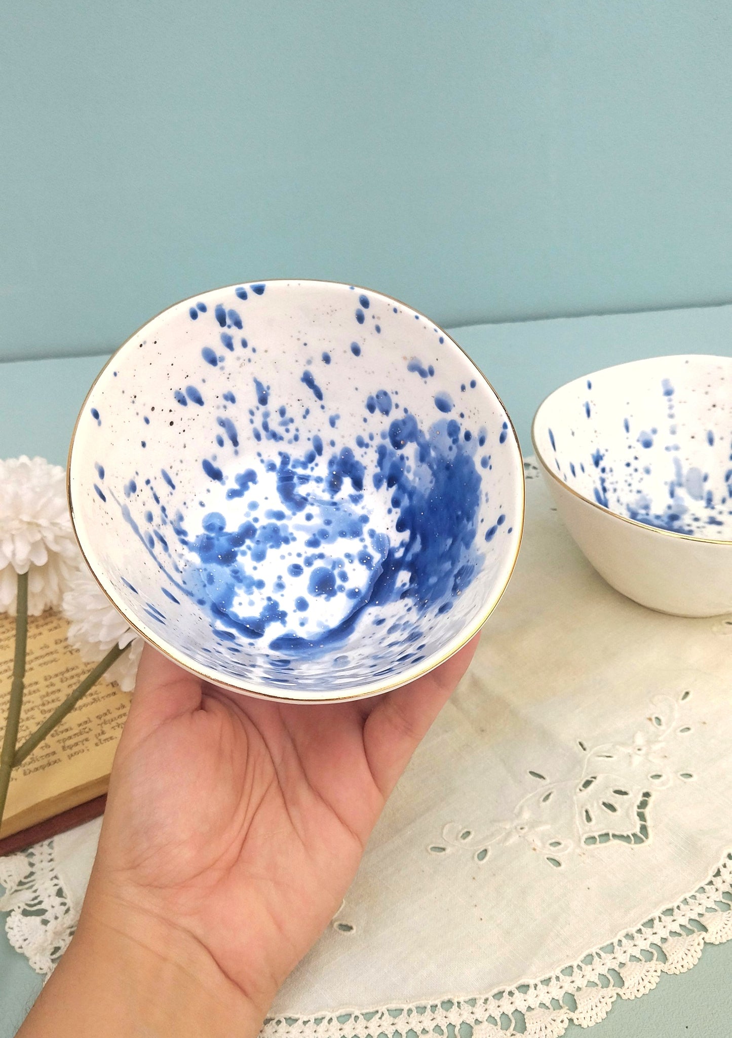 Gold Ceramic Rimmed Bowl, White Porcelain Bowls With Cobalt Splashes, Fine Dining Set Of 2