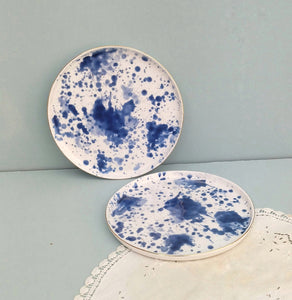 Gold Ceramic Rimmed Plates, White Porcelain Plate With Cobalt Splashes, Fine Dining Set Of 2
