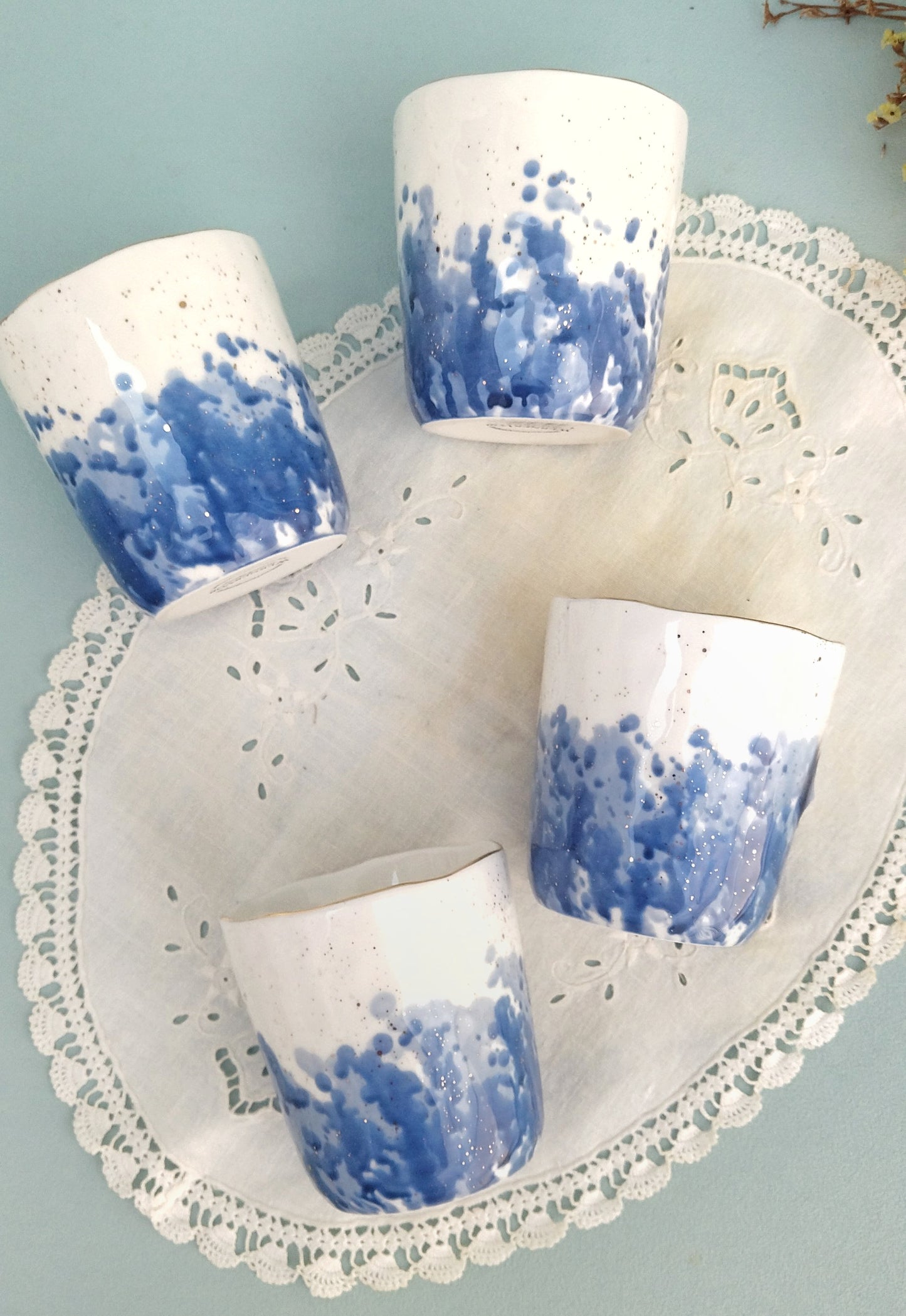 Gold Ceramic Rimmed Cups, White Porcelain Cup With Cobalt Splashes, Set Of 4