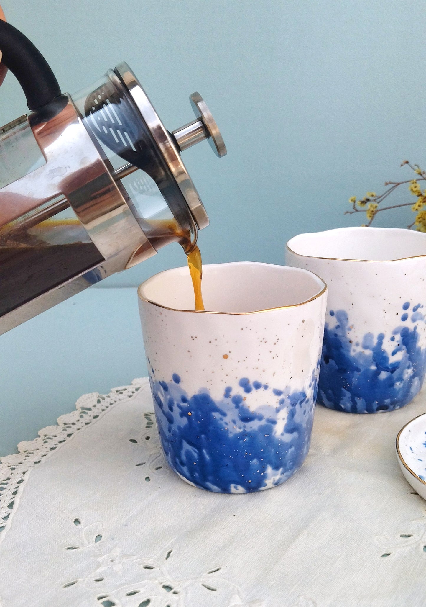 Gold Ceramic Rimmed Cups, White Porcelain Cup With Cobalt Splashes, Set Of 4