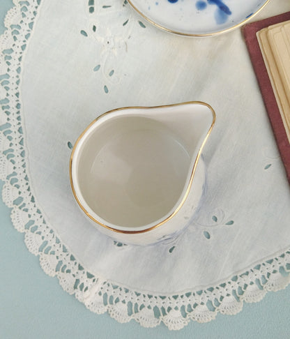 Gold Ceramic Rimmed Jug, White Porcelain Milk Jar With Cobalt Splashes