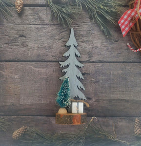 Wooden Christmas Tree, Miniature Laser Cut Wood Tree On Wood Slice