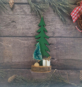Wooden Christmas Tree, Miniature Laser Cut Wood Tree On Wood Slice