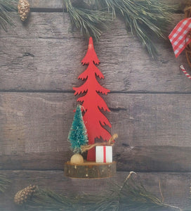 Wooden Christmas Tree, Miniature Laser Cut Wood Tree On Wood Slice