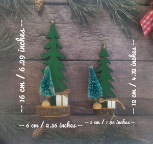 Wooden Christmas Tree, Miniature Laser Cut Wood Tree On Wood Slice