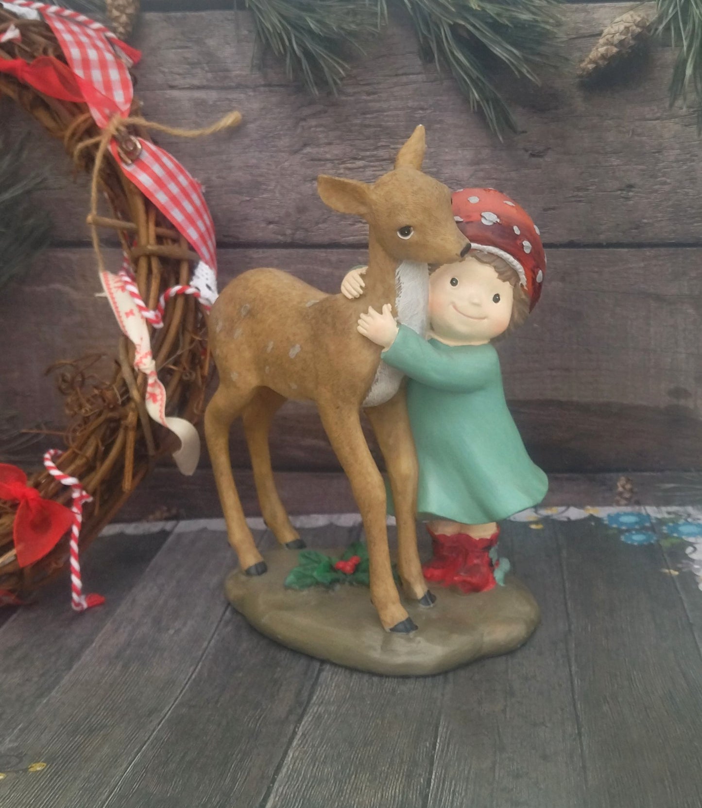 Amanita Kid And Deer Figurines, Enchanted Forest Holiday Decoration
