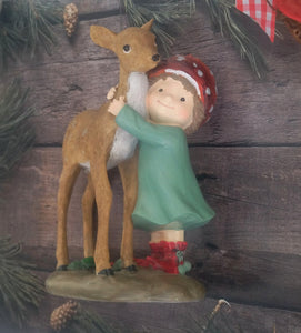 Amanita Kid And Deer Figurines, Enchanted Forest Holiday Decoration