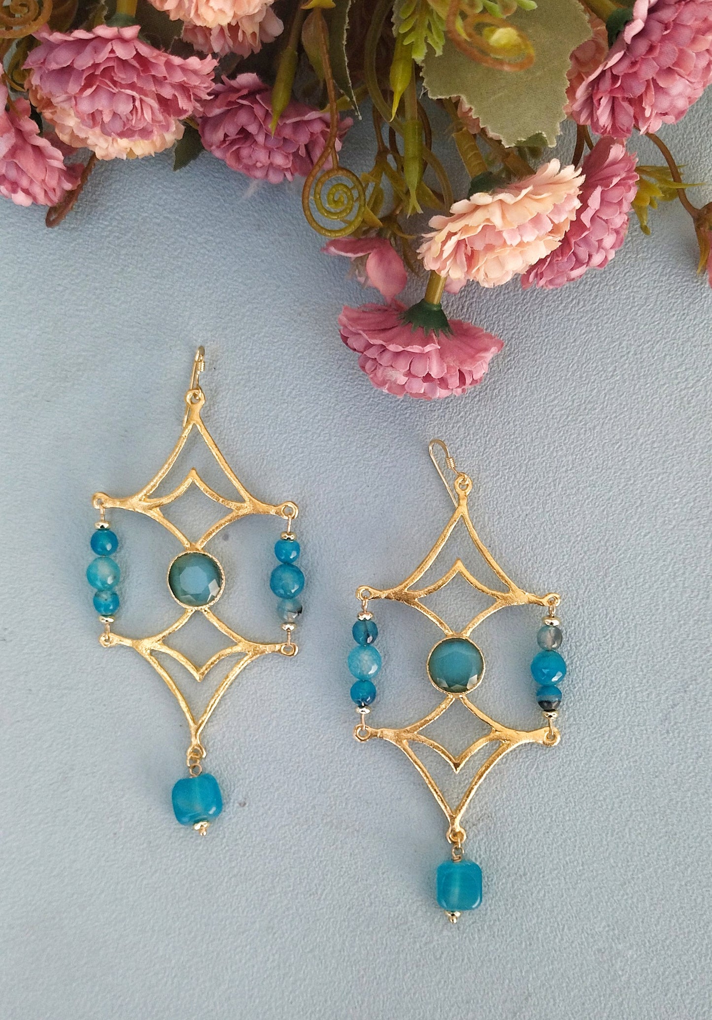 24k Gold Geometric Earrings, Extra Long Blue Jade Earrings