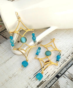 24k Gold Geometric Earrings, Extra Long Blue Jade Earrings