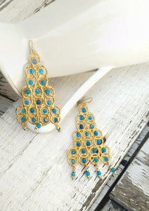 22k Gold Blue Jade Circle Earrings, Long Beaded Gemstone Earrings