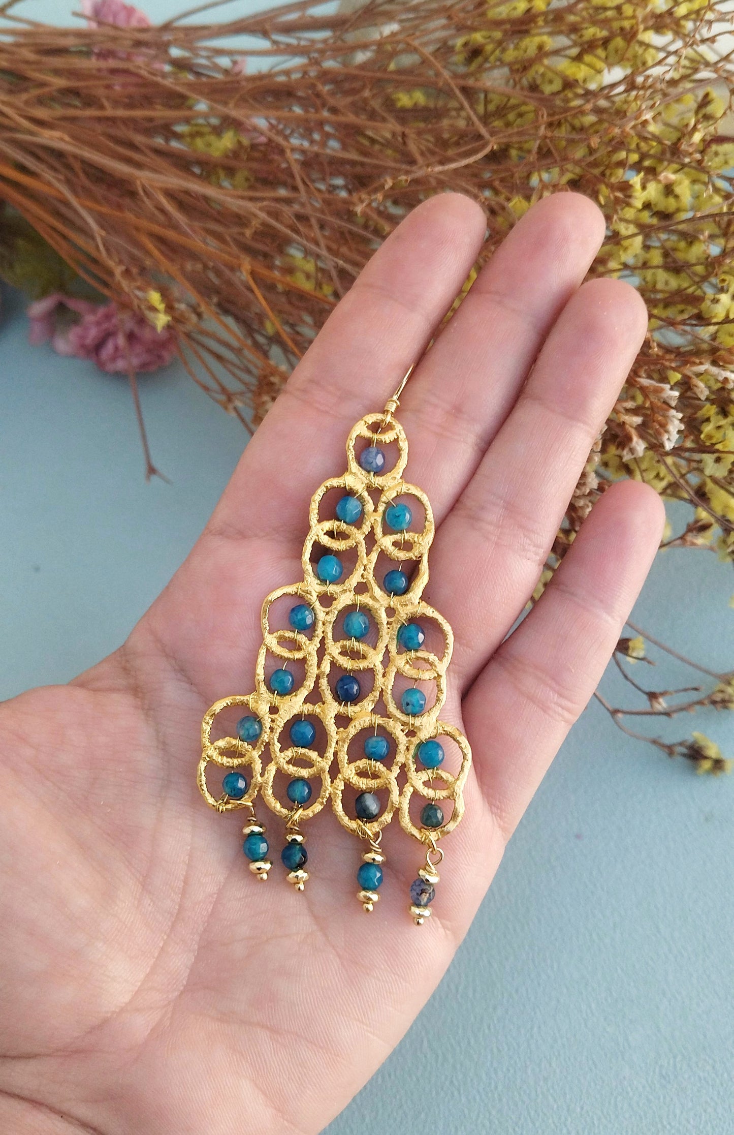 22k Gold Blue Jade Circle Earrings, Long Beaded Gemstone Earrings