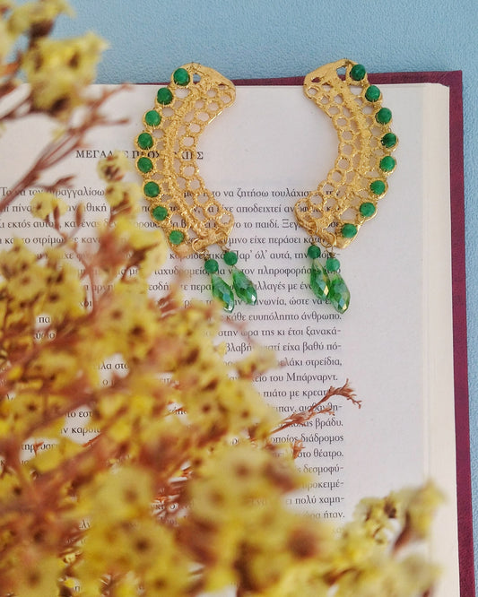 22k Gold Jade Earrings, Long Lace Stud Earrings With Gemstone Beads