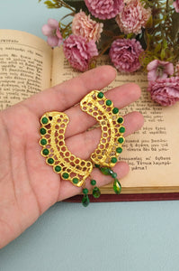 22k Gold Jade Earrings, Long Lace Stud Earrings With Gemstone Beads