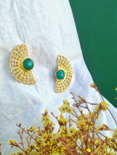 Load image into Gallery viewer, 22k Gold Long Lace Stud Earrings With Quartz Gemstone, Fan Earrings Inpired In Vintage Doily Crochets
