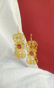 24k Gold Metal Lace Earrings, Rose Quartz Dangle Earrings