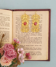 Load image into Gallery viewer, 24k Gold Metal Lace Earrings, Rose Quartz Dangle Earrings
