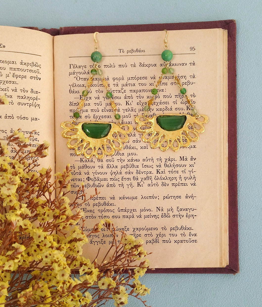 Gold Statement Chandelier Earrings, Long Green Jade Gemstone Earrings