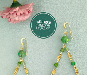 Gold Statement Chandelier Earrings, Long Green Jade Gemstone Earrings