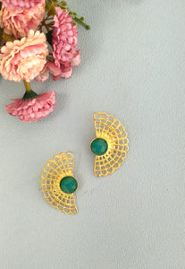 22k Gold Long Lace Stud Earrings With Quartz Gemstone, Fan Earrings Inpired In Vintage Doily Crochets