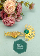 Load image into Gallery viewer, 22k Gold Long Lace Stud Earrings With Quartz Gemstone, Fan Earrings Inpired In Vintage Doily Crochets
