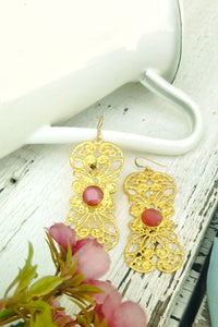24k Gold Metal Lace Earrings, Rose Quartz Dangle Earrings