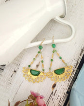 Load image into Gallery viewer, Gold Statement Chandelier Earrings, Long Green Jade Gemstone Earrings
