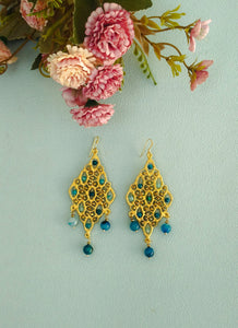 24k Gold Blue Jade Dangle Earrings, Statement Rhombus Earrings