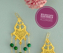 Load image into Gallery viewer, Long 24k Gold Dangle Earrings, Emerald Green Drop Earrings
