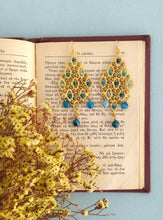 Load image into Gallery viewer, 24k Gold Blue Jade Dangle Earrings, Statement Rhombus Earrings
