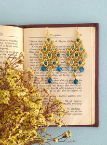 24k Gold Blue Jade Dangle Earrings, Statement Rhombus Earrings