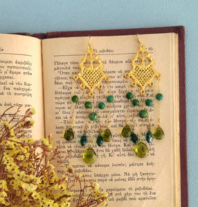 Long 24k Gold Dangle Earrings, Emerald Green Drop Earrings