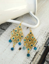 Load image into Gallery viewer, 24k Gold Blue Jade Dangle Earrings, Statement Rhombus Earrings
