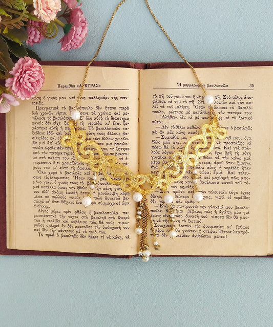24k Gold Necklace, Wide Choker For Greek Goddess, Ethinc Bib Necklace