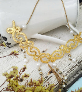 24k Gold Necklace, Wide Choker For Greek Goddess, Ethinc Bib Necklace