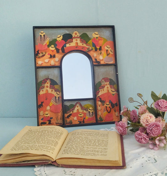 Wood Framed Mirror On Folk Art Painting, Small Wall Hanging Mirror