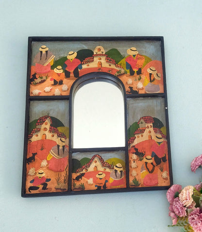Wood Framed Mirror On Folk Art Painting, Small Wall Hanging Mirror